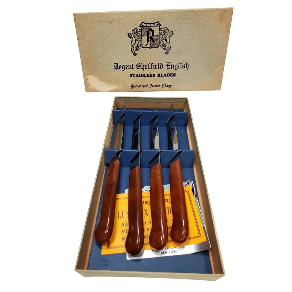 Vtg Regent Sheffield English Stainless 4 Piece Steak Knife Set in Storage Tray